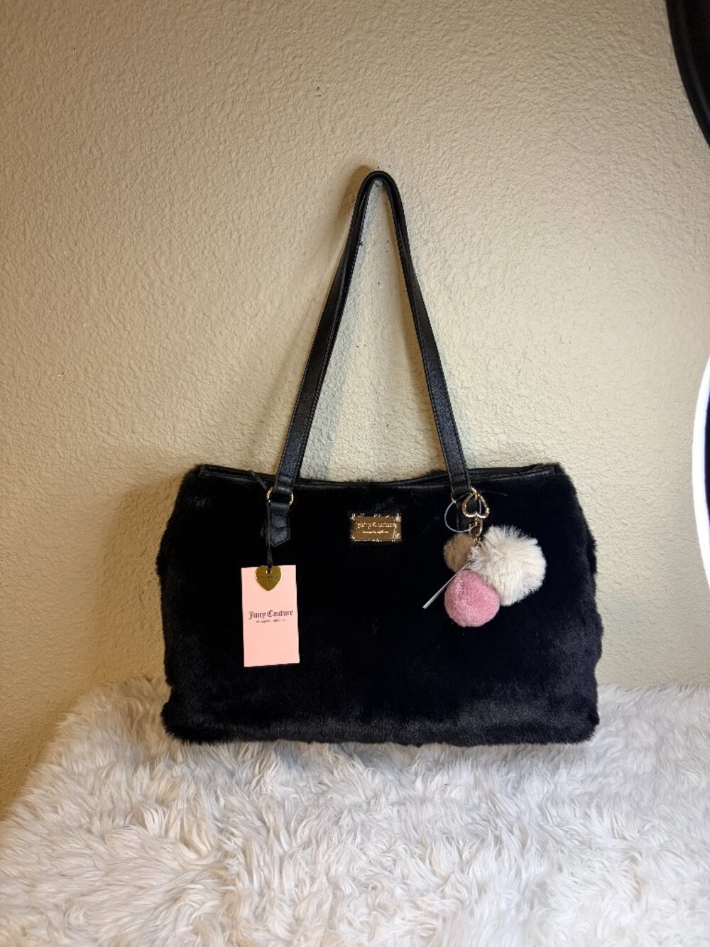 Juicy Couture Dreamy Divas Faux Fur Tote Black Pom Pom Charm NWT
